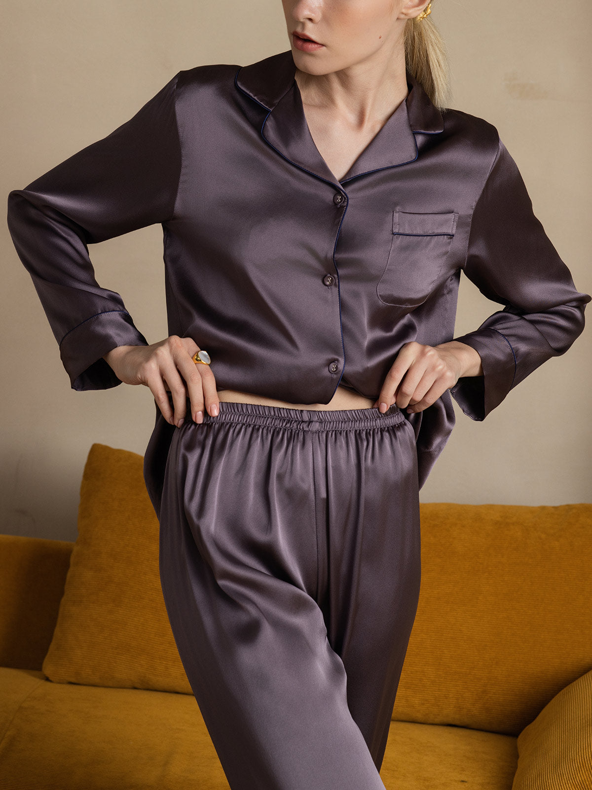SilkSilky-SE Rent Silke Lång Ärm Slag Dam Pyjama LilaGrå 008