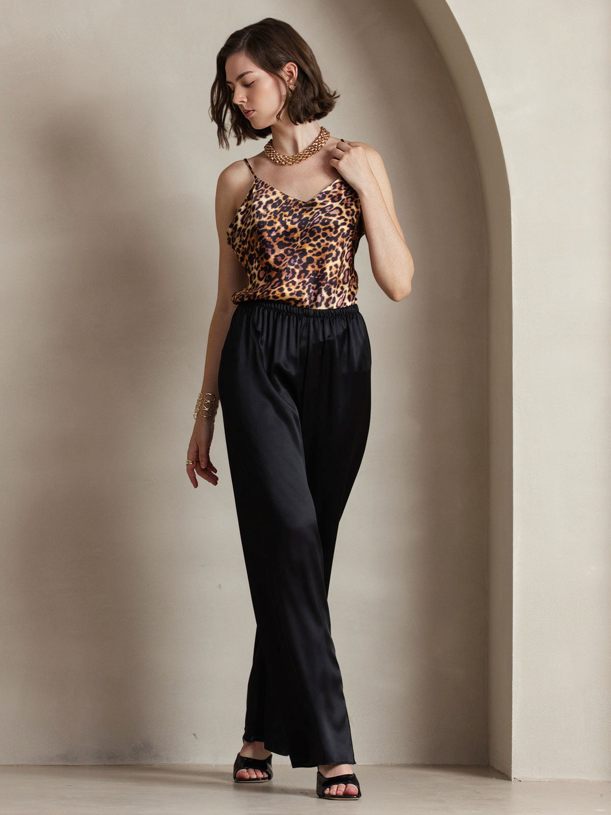 [Leopard] SilkSilky-SE Rent Silke V-Hals Cami Toppar 001