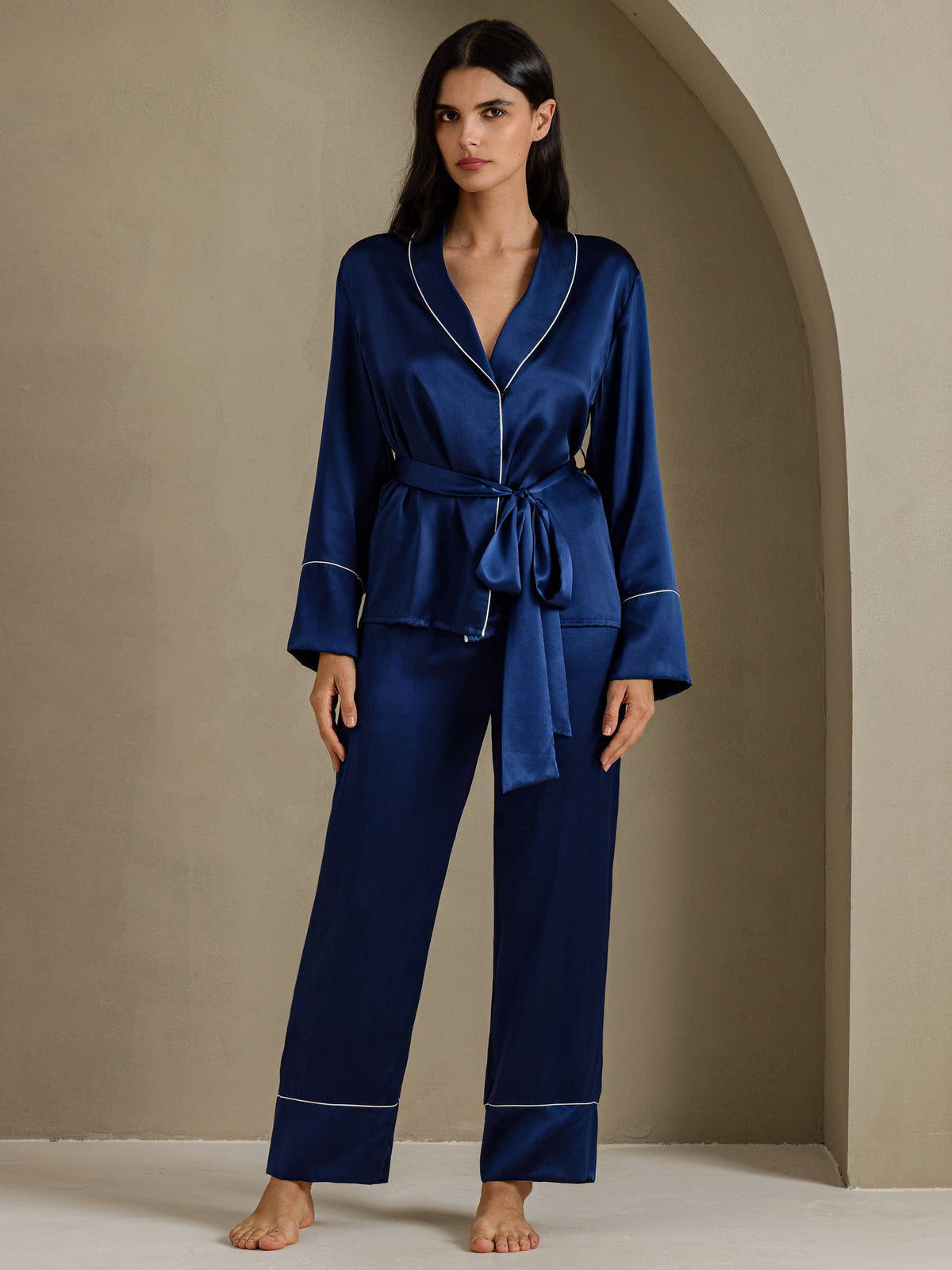 [Mörkblå] SilkSilky-SE Long Sleeve Shawl Collar Dam Pyjama 001