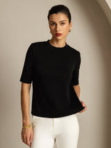 [Svart] SilkSilky-SE Half Sleeve Crewkrage Dam T-Shirt 007