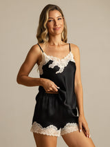 [Svart] SilkSilky-SE Spaghetti Rem V Ringning Camisole Set 006