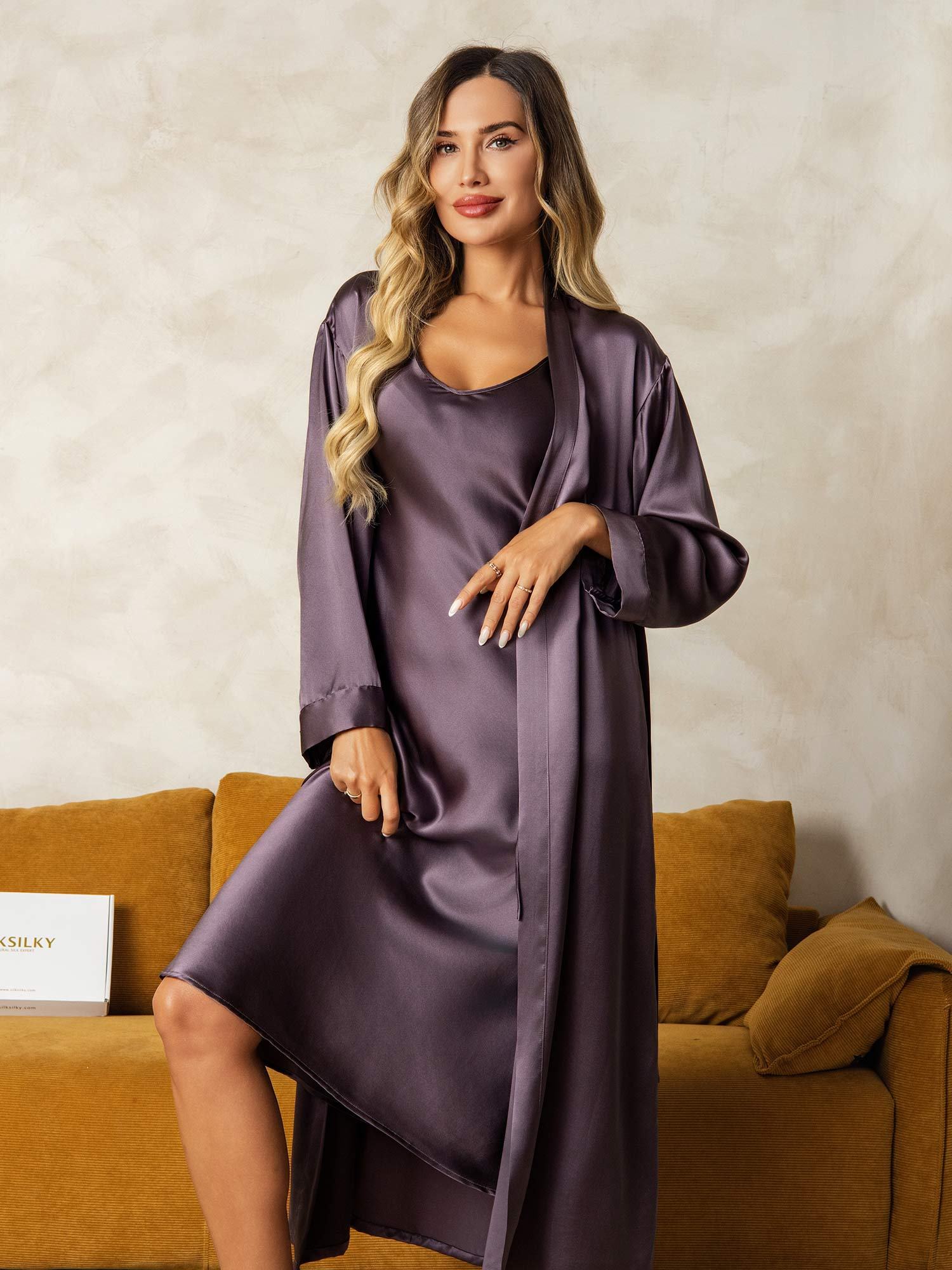 [LilaGrå] SilkSilky-SE Rent Silke Nightgown&Robe Set 003