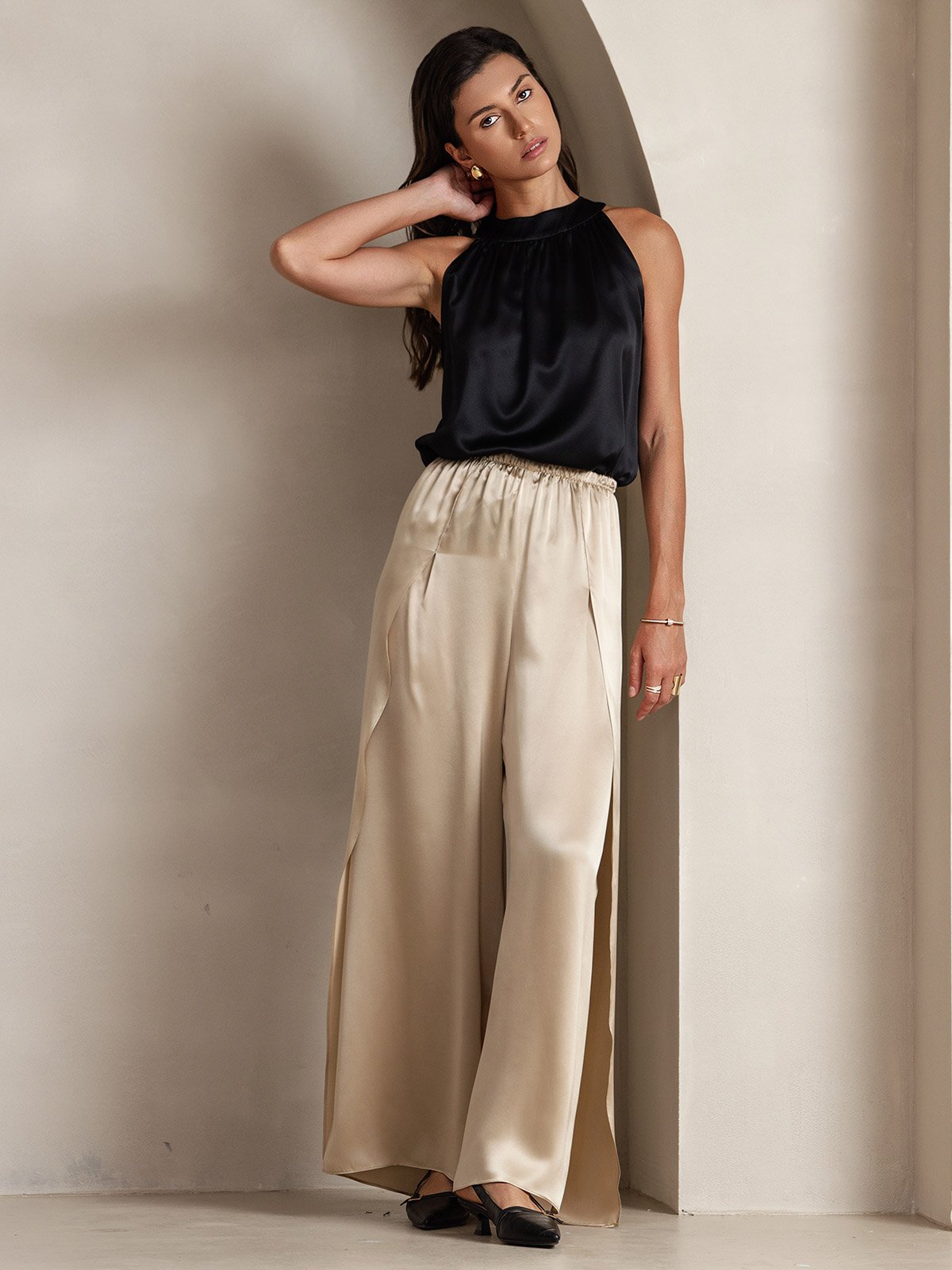 [Svart] SilkSilky-SE 19Momme Silke Womens T-Shirt 005