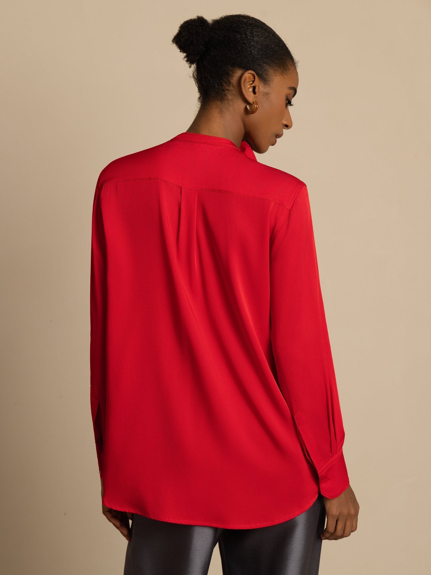 [Vin] SilkSilky-SE 19Momme Silke Lång Ärm Ståkrage Blus 002