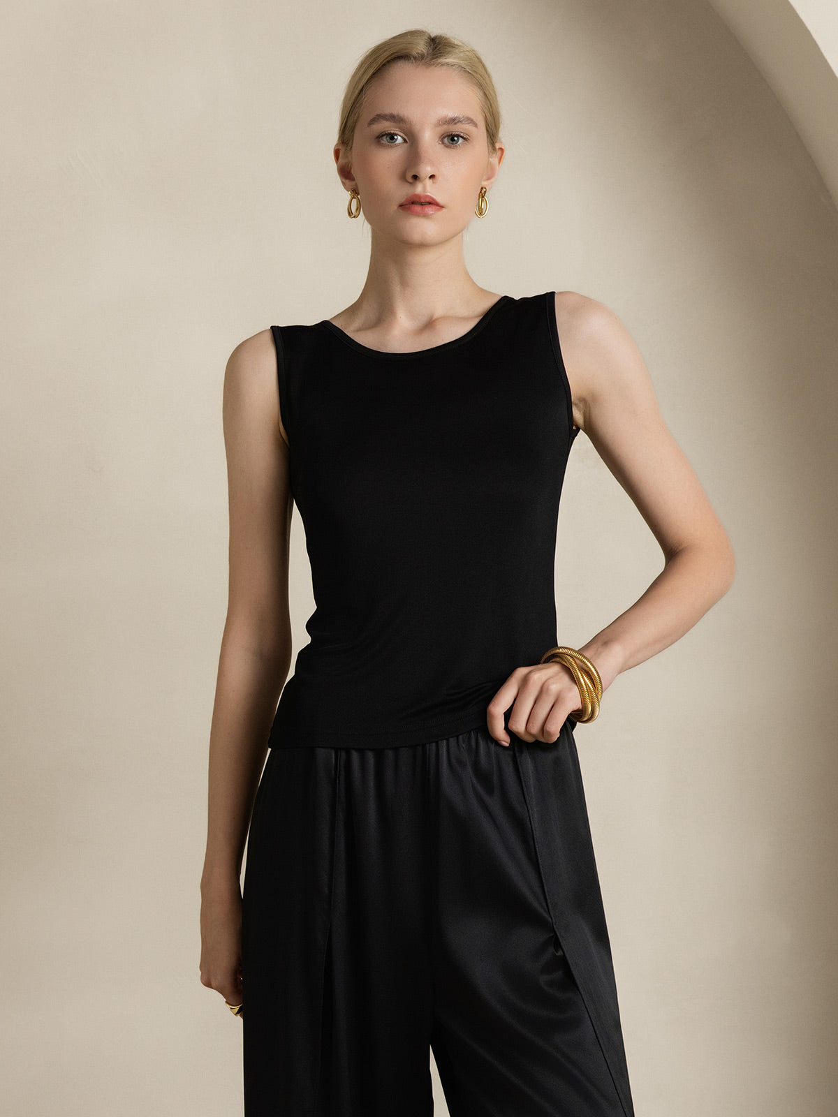 [Svart] SilkSilky-SE Silke Stickad Womens T-Shirt 003