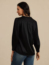 [Svart] SilkSilky-SE 19Momme Long Sleeve Round Neck Blus 002
