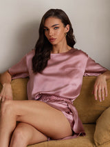 [Blek Mauve] SilkSilky-SE Kort Ärm Rund Halsringning Dam Pyjama 003