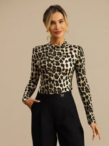 [Leopard] SilkSilky-SE Lång Ärm Mockkrage Dam T-Shirt 007