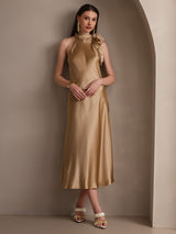[Champagne] SilkSilky-SE 19Momme Stretch Silk Charmeuse Sleeveless Halter Klänning 008