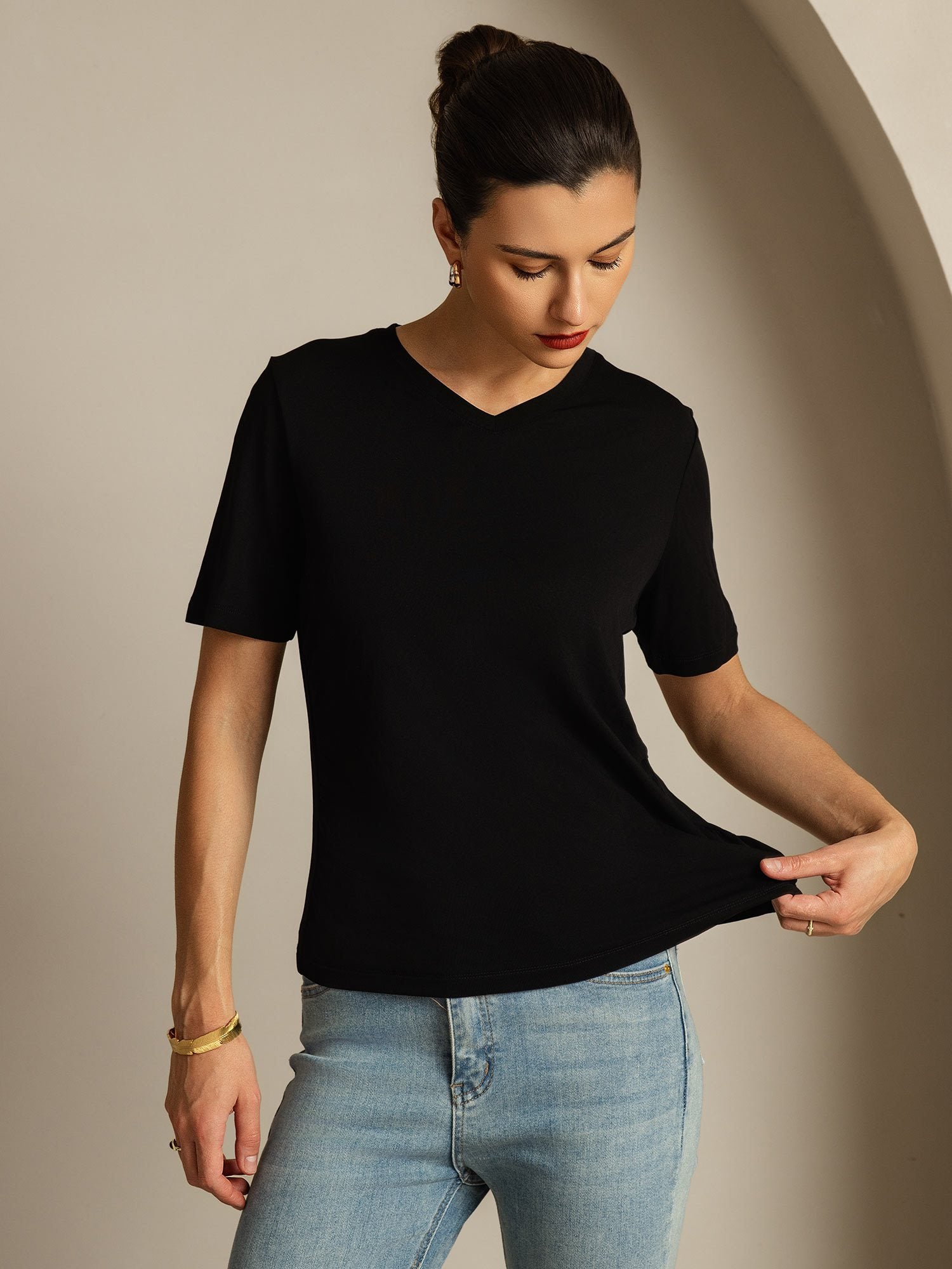 [Svart] SilkSilky-SE Rent Silke Womens T-Shirt 003