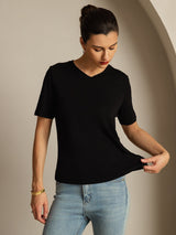 [Svart] SilkSilky-SE Kort Ärm V Ringning Dam T-Shirt 003