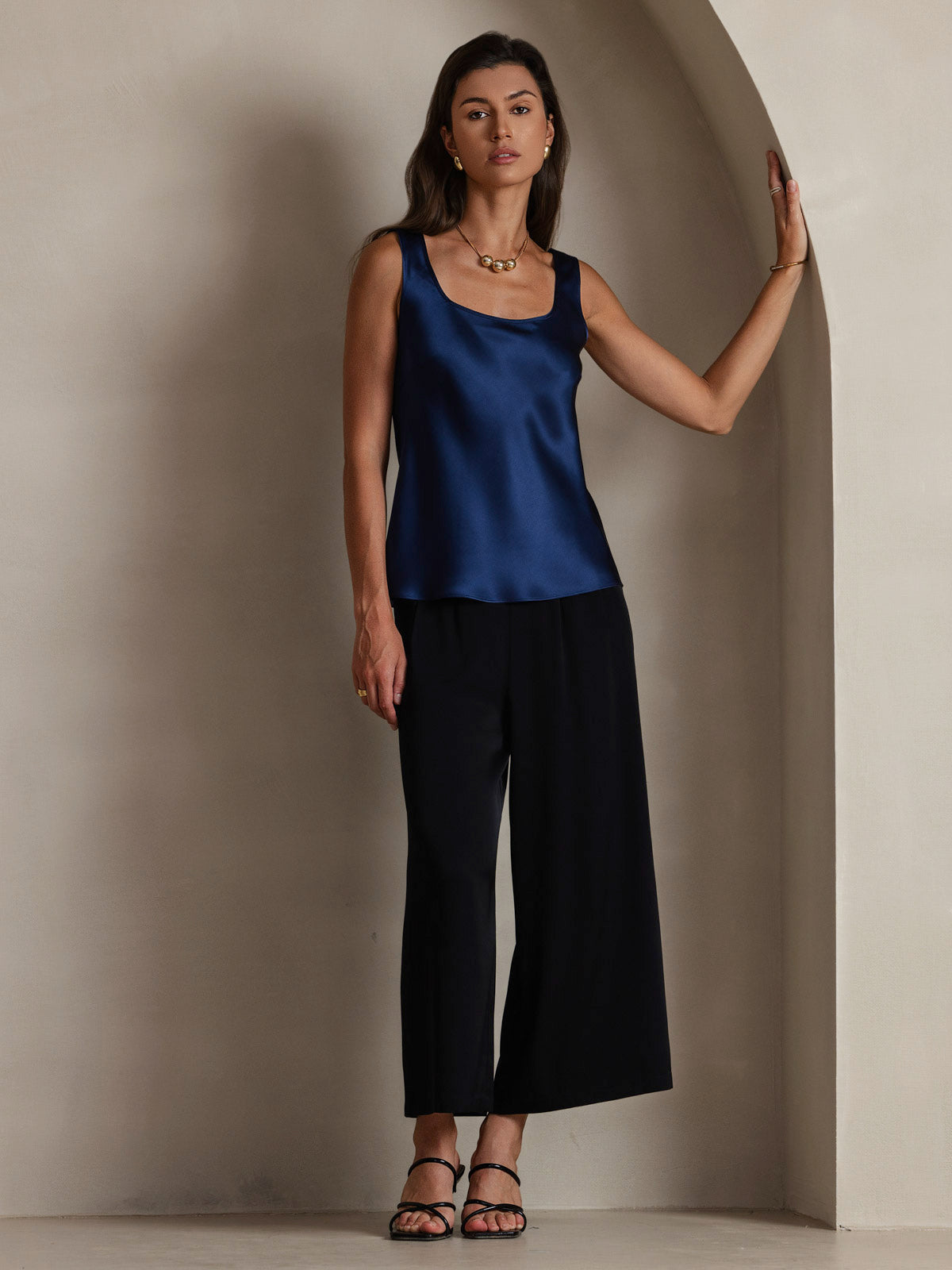 [Mörkblå] SilkSilky-SE 19Momme Ärmlös Djup Rund Halsringning Cami Toppar 006