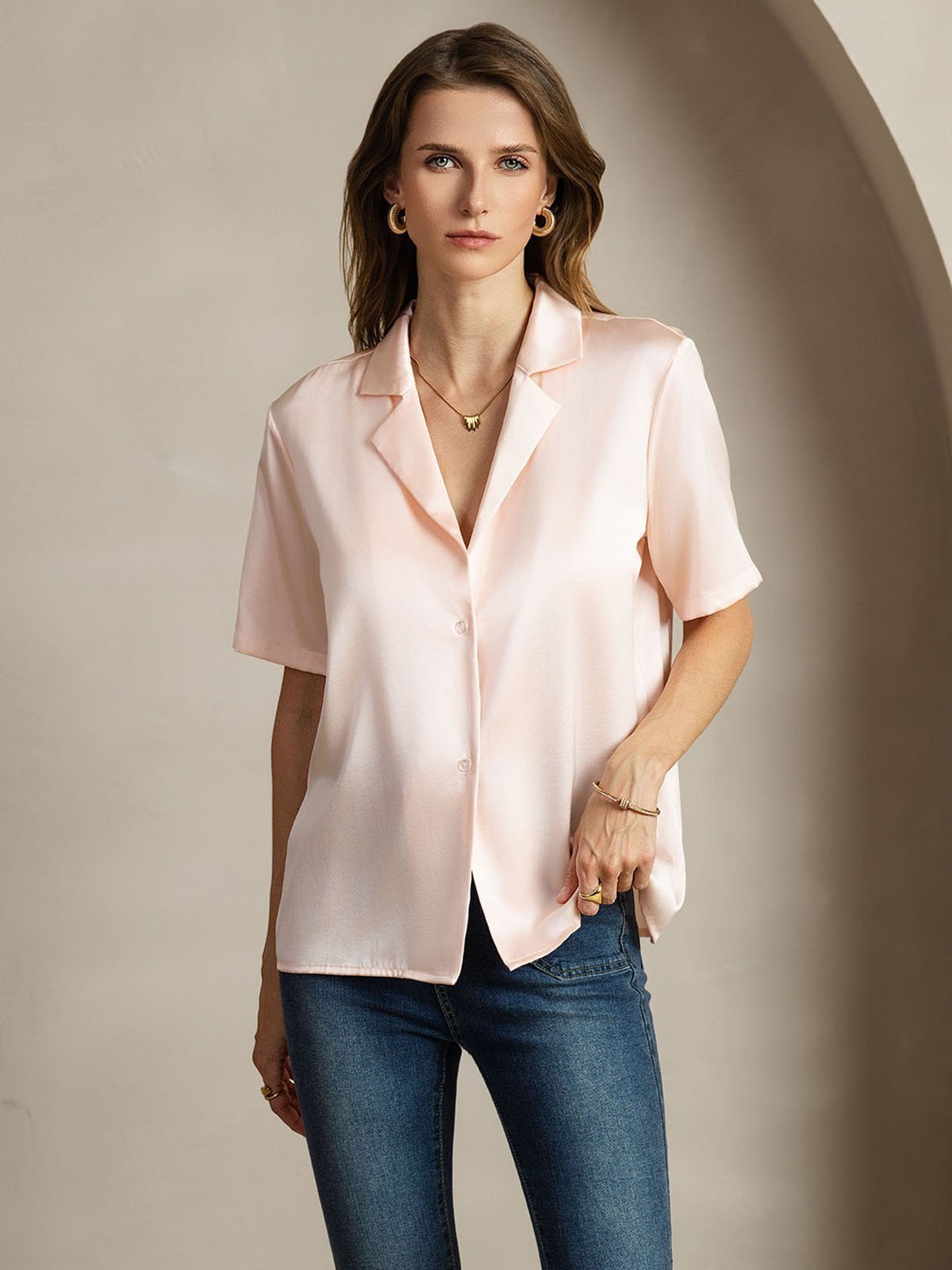 [Rosa] SilkSilky-SE 19Momme Silke Skårad Damskjorta 005