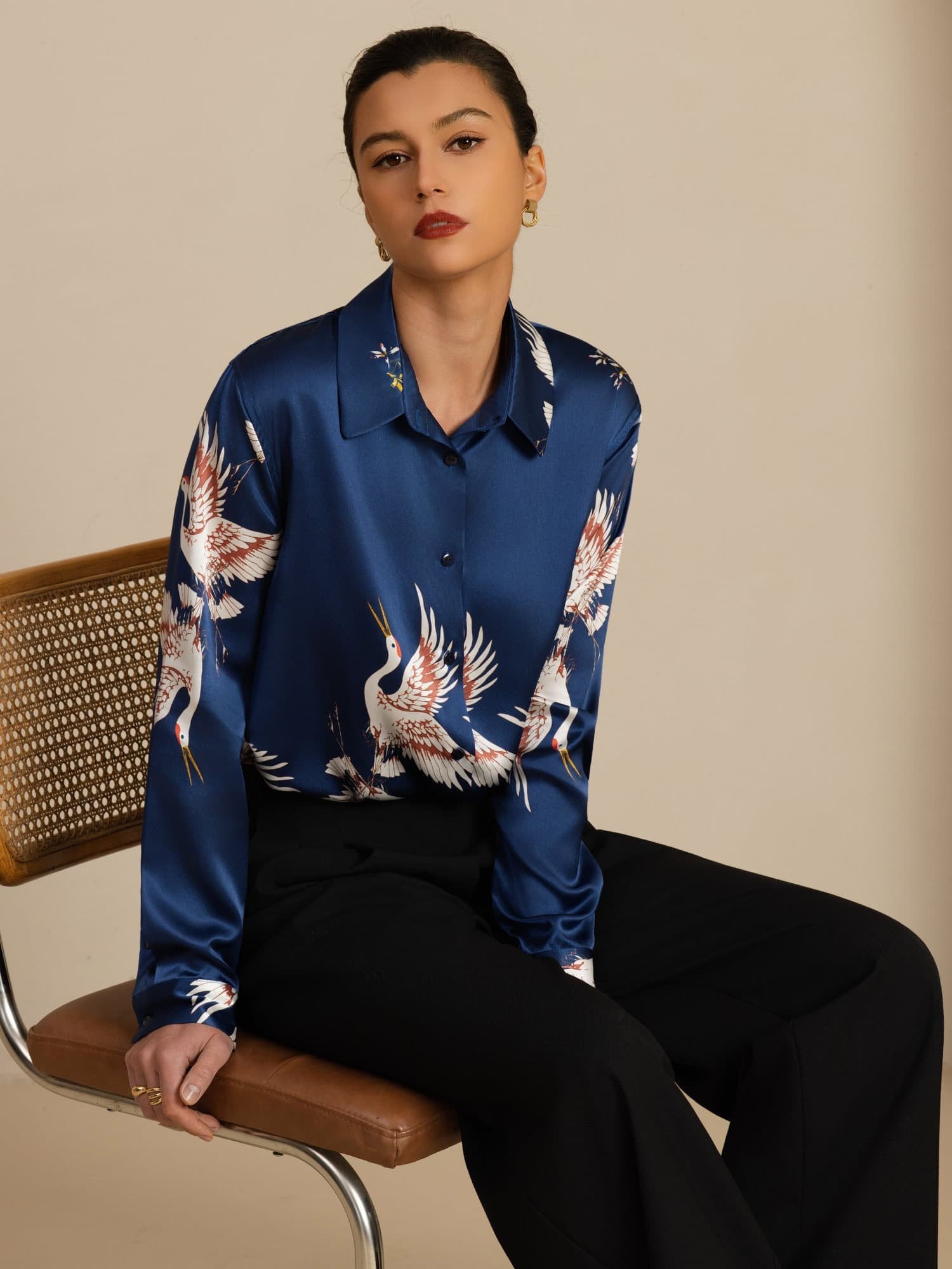 [Mörkblå] SilkSilky-SE 19Momme Lång Ärm Slagkrage Damskjorta 001