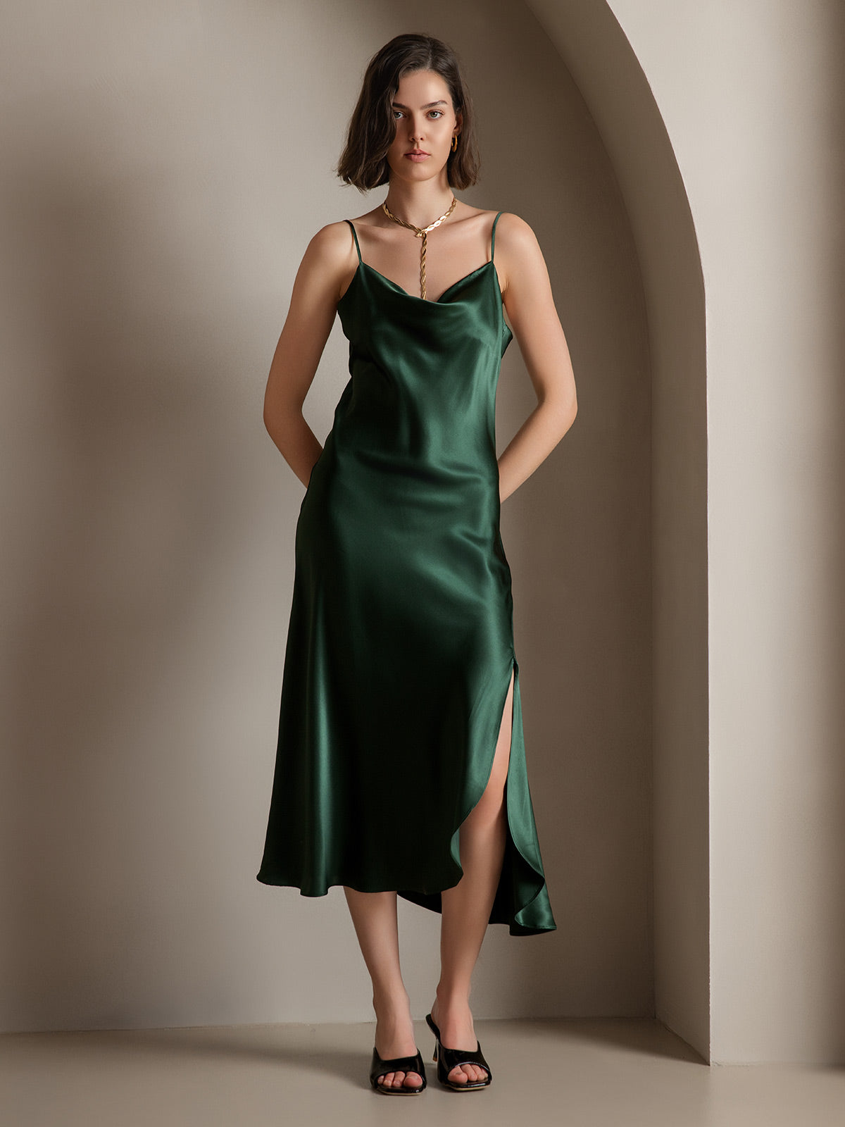 [Mörkgrön] SilkSilky-SE 19Momme Rent Silke Dress 005