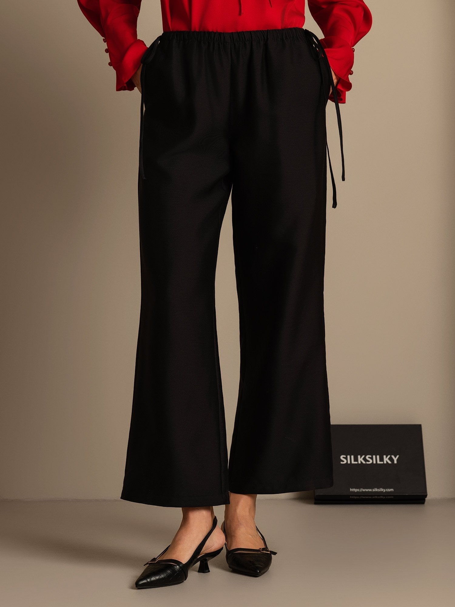 [Svart] SilkSilky-SE 32Momme Silk-Wool Blend Womens Pants 001,