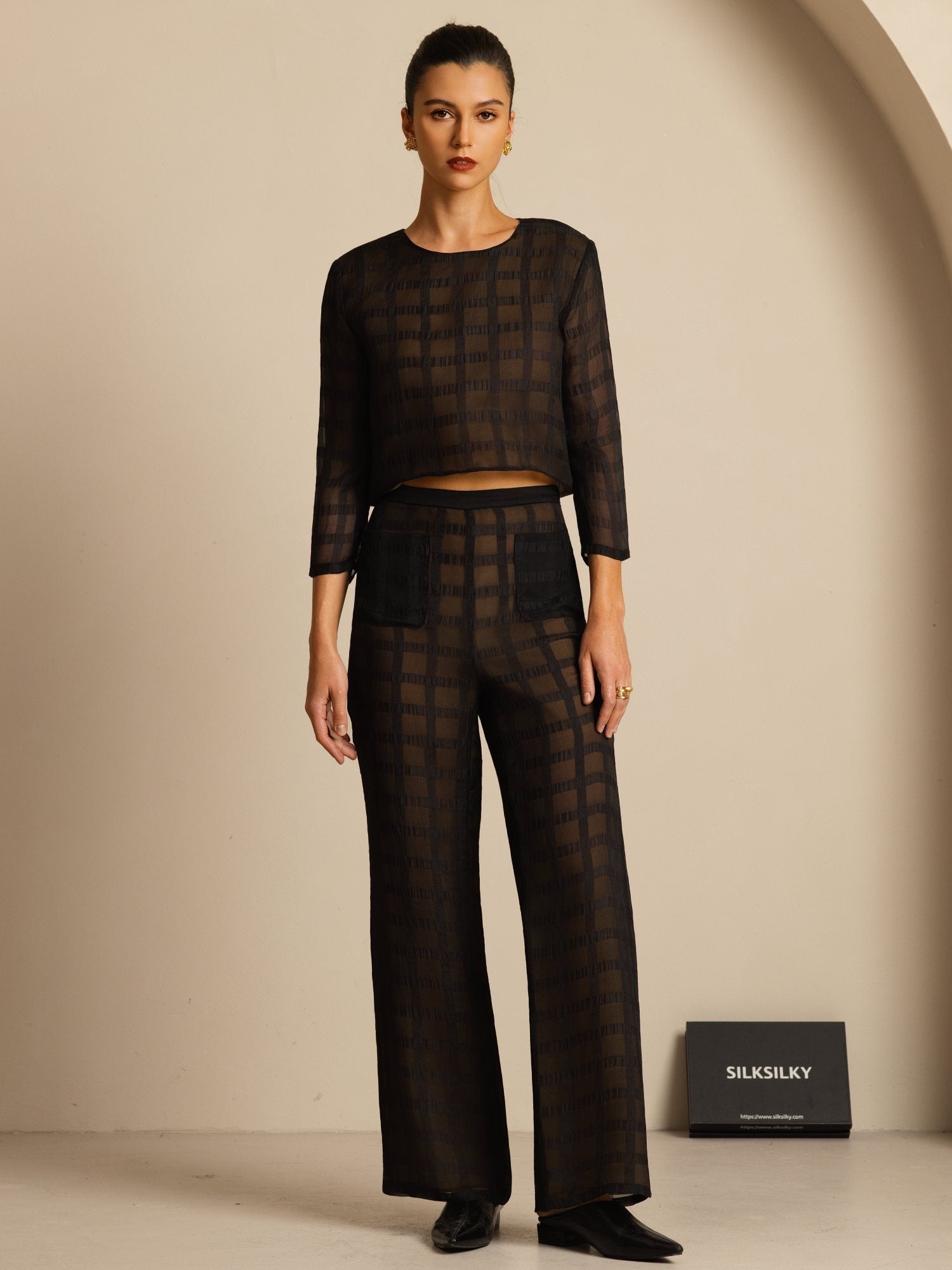 [Svart] SilkSilky-SE Rent Silke Lång Ärm Rund Halsringning Women''s Outfit Sets 001