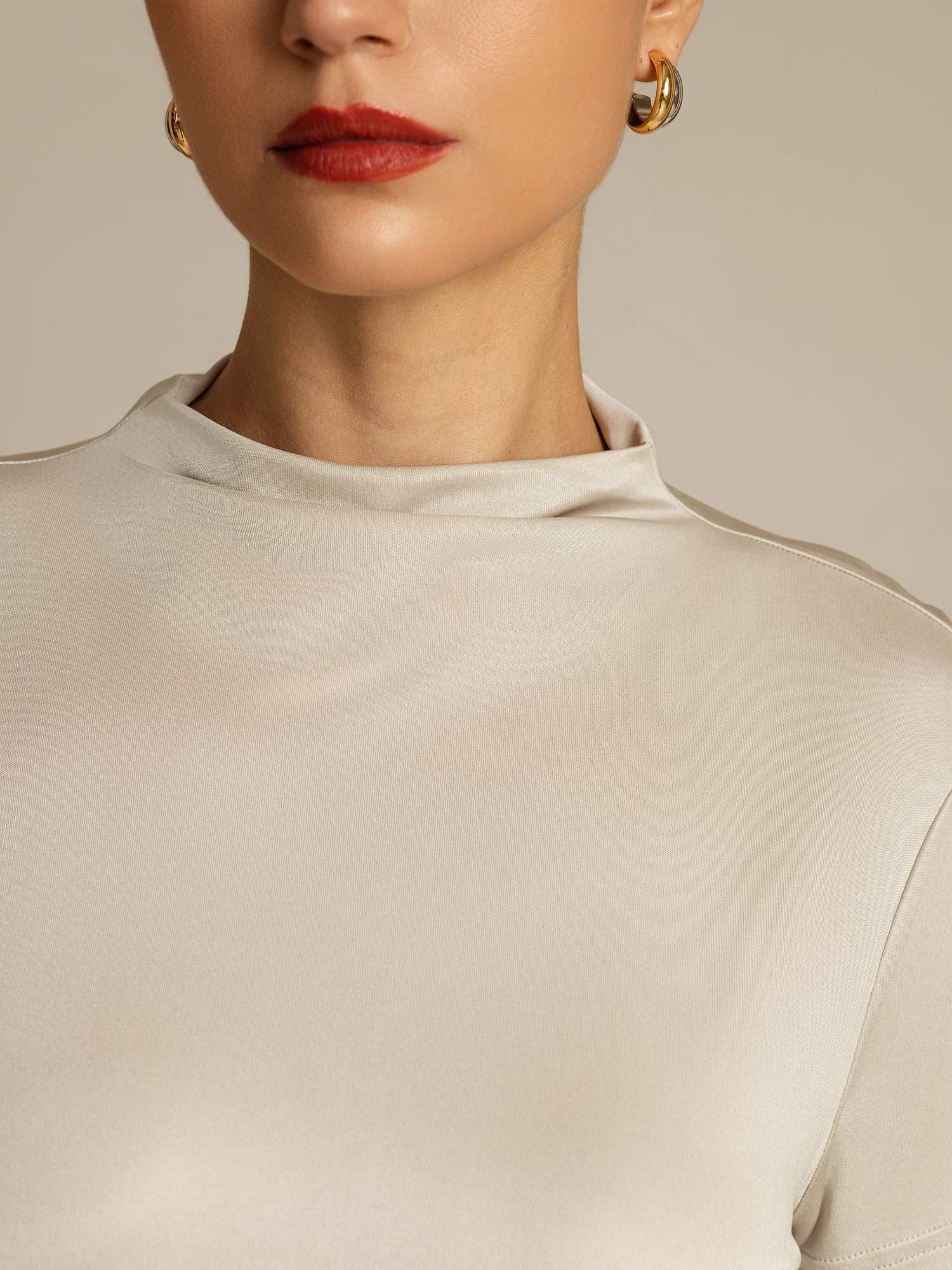 [Grå] SilkSilky-SE Rent Silke Krage Dam T-Shirt 004