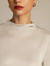 [Grå] SilkSilky-SE 100% Silk Jersey Short Sleeve Mock Neck Dam T-Shirt 004
