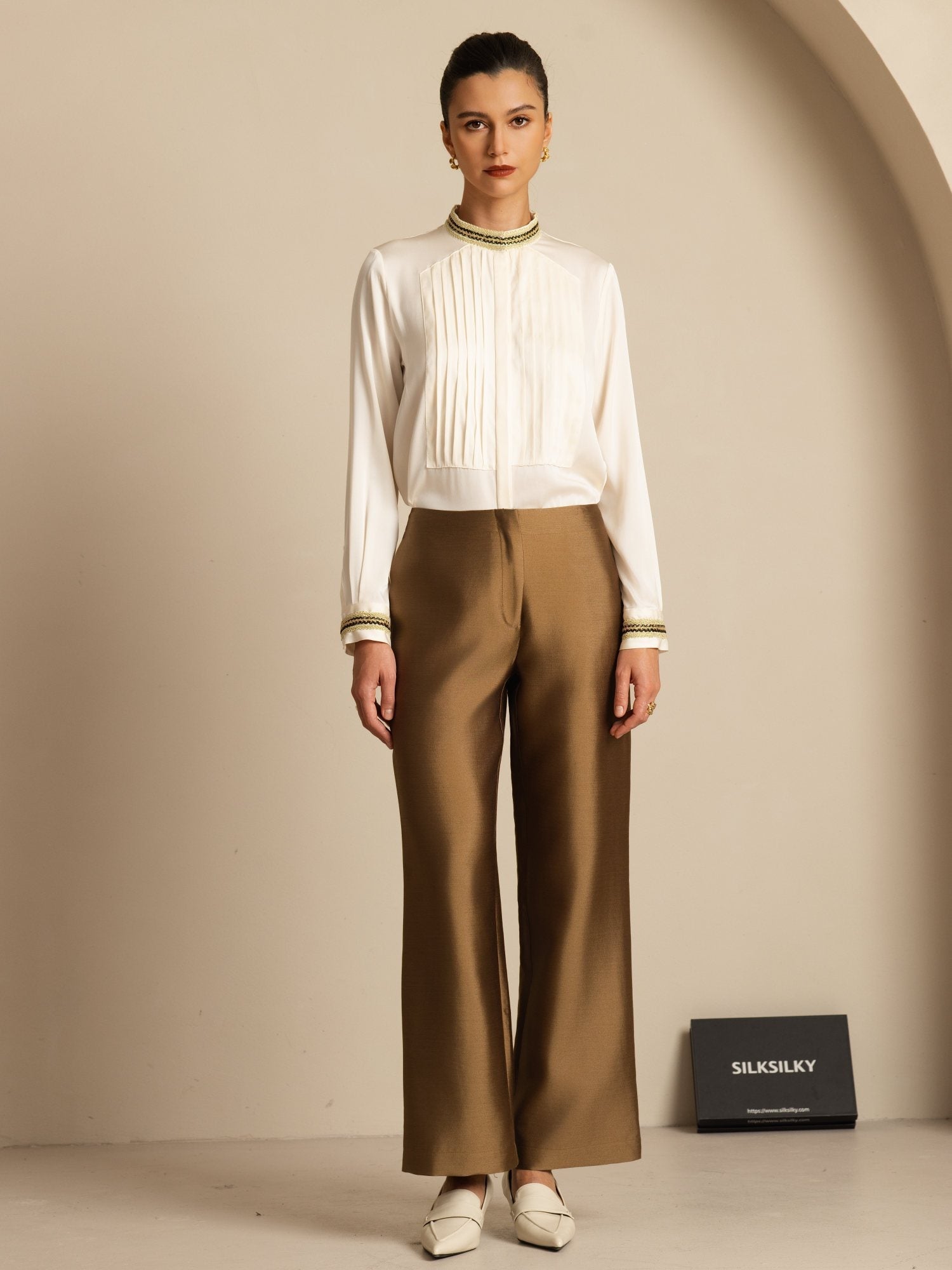 [Havspärla] SilkSilky-SE 19Momme Silke Lång Ärm Ståkrage Blus 007