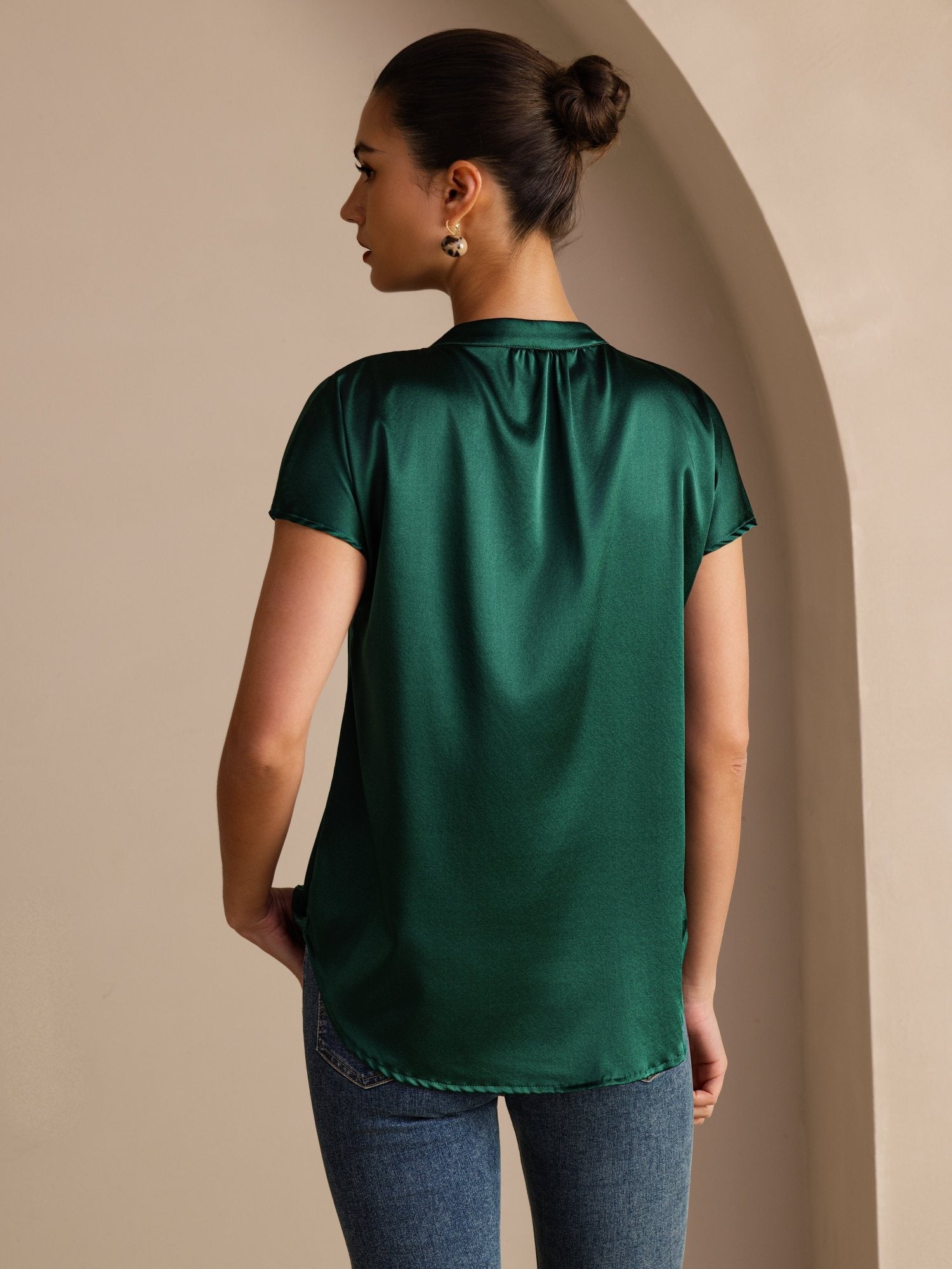 [Mörkgrön] SilkSilky-SE Short Sleeve Damblusar 002