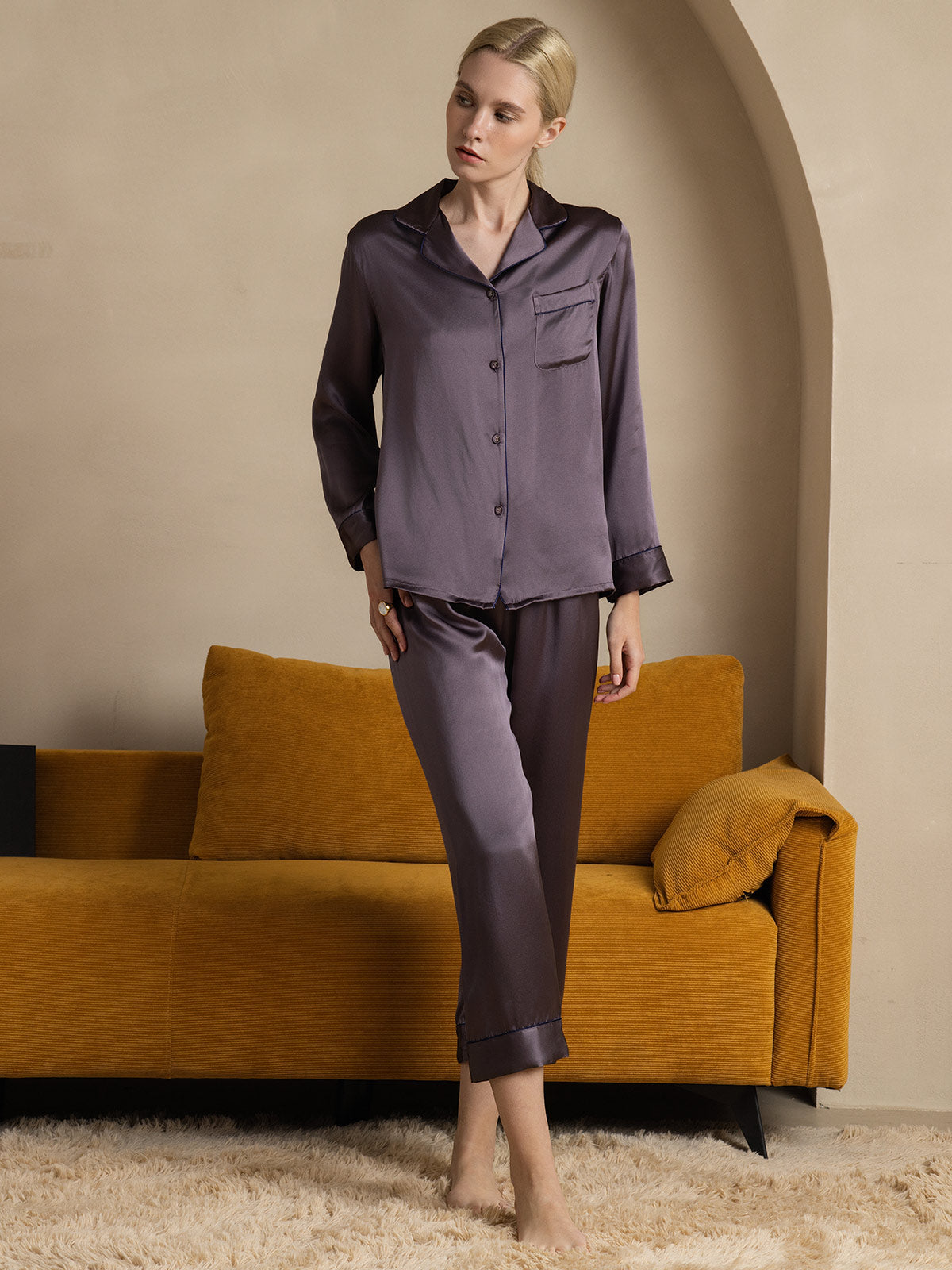 SilkSilky-SE Rent Silke Lång Ärm Slag Dam Pyjama LilaGrå 006