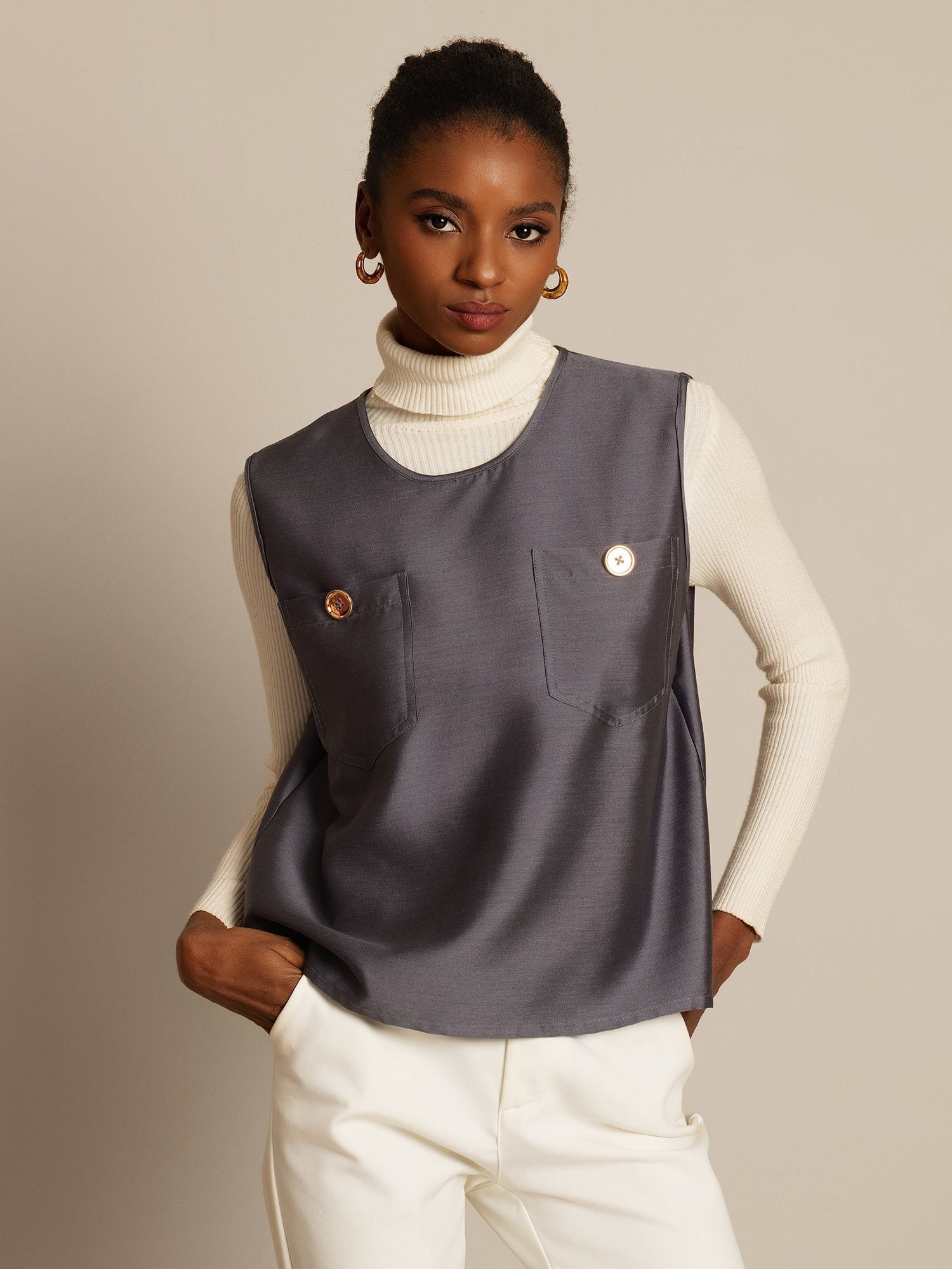 [Grå] SilkSilky-SE 32Momme Silk-Wool Blend Womens Vest 001,