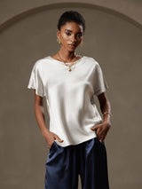 [Ljusgrå] SilkSilky-SE 19Momme Kort Ärm Båtringad Dam T-Shirt 001