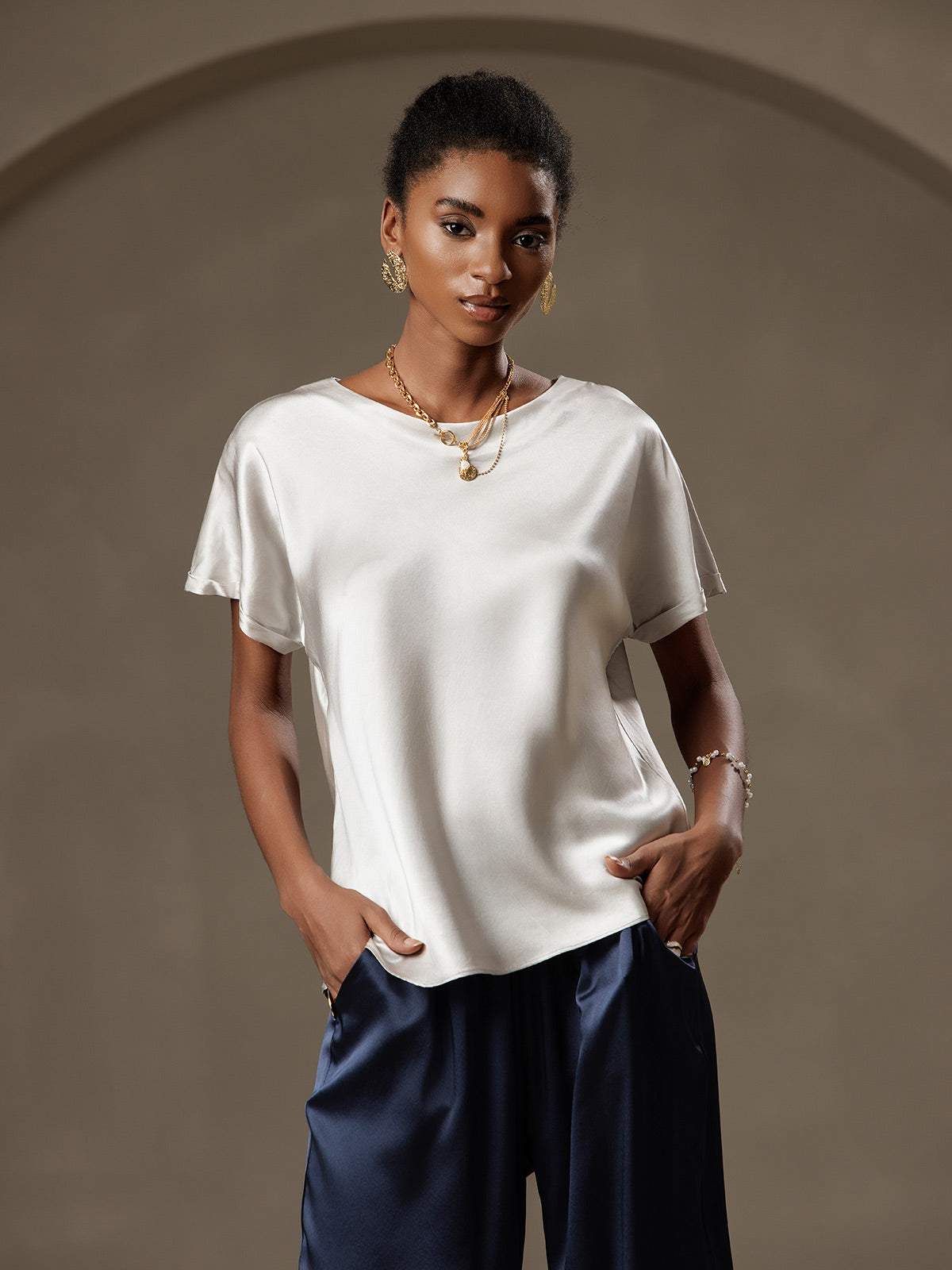 [Ljusgrå] SilkSilky-SE 19Momme Silke Womens T-Shirt 001