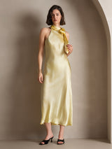 [Ljusgul] SilkSilky-SE 19Momme Stretch Silk Charmeuse Sleeveless Halter Klänning 007