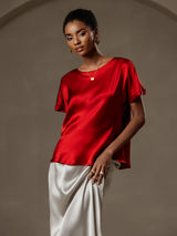 [Vin] SilkSilky-SE 19Momme Kort Ärm Båtringad Dam T-Shirt 001