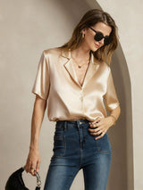 [Champagne] SilkSilky-SE Short Sleeve Lapel Collar Damskjorta 001