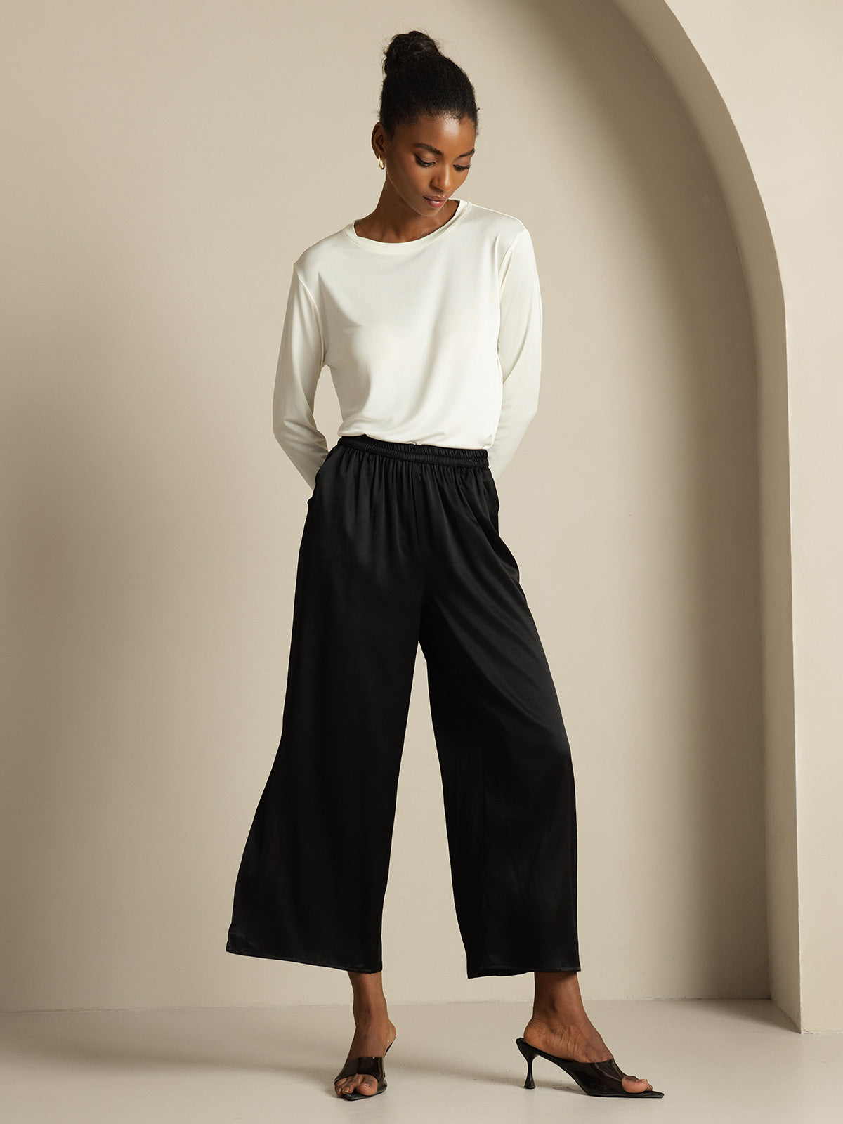 [Svart] SilkSilky-SE 19Momme Silke Womens Pants 005