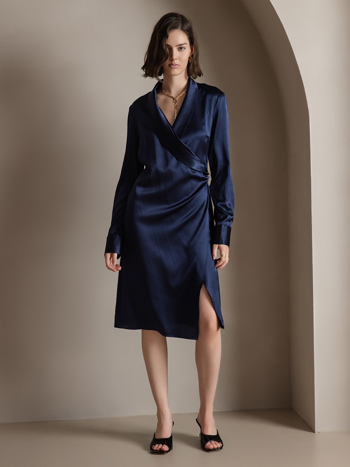 [Mörkblå] SilkSilky-SE 19Momme Silke Dress 003