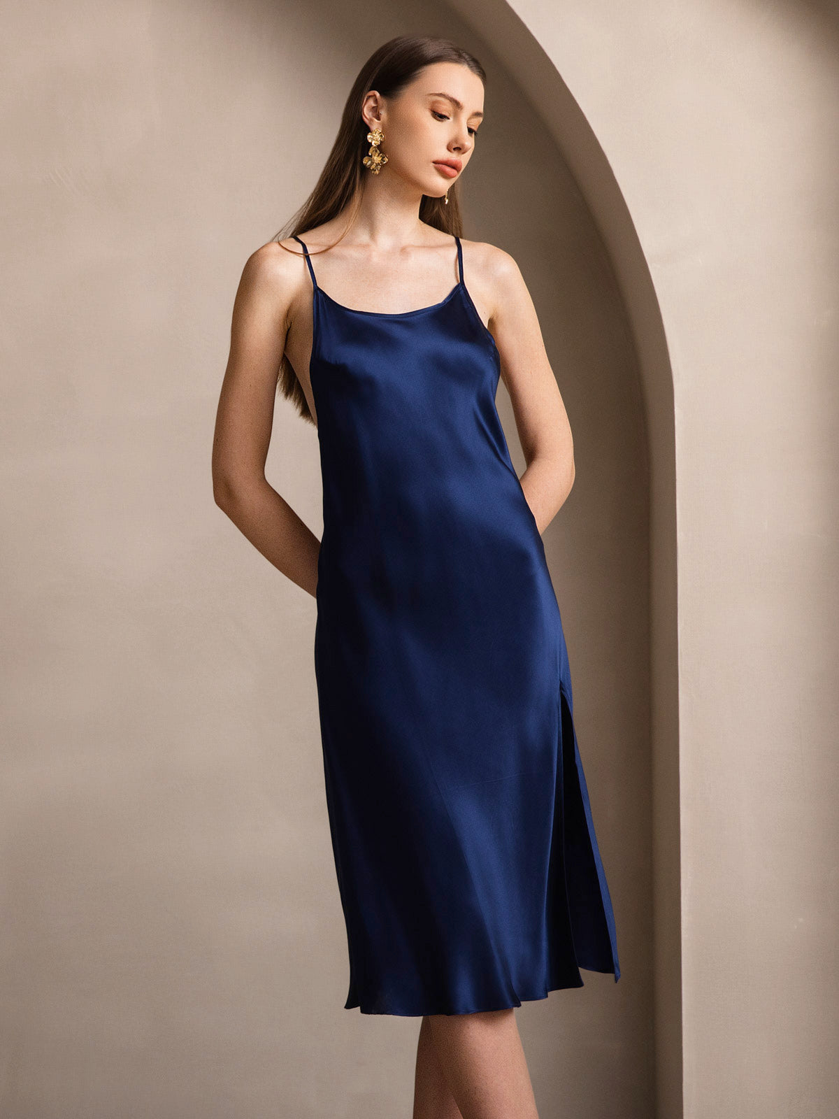 [Mörkblå] SilkSilky-SE Rent Silke Dress 001