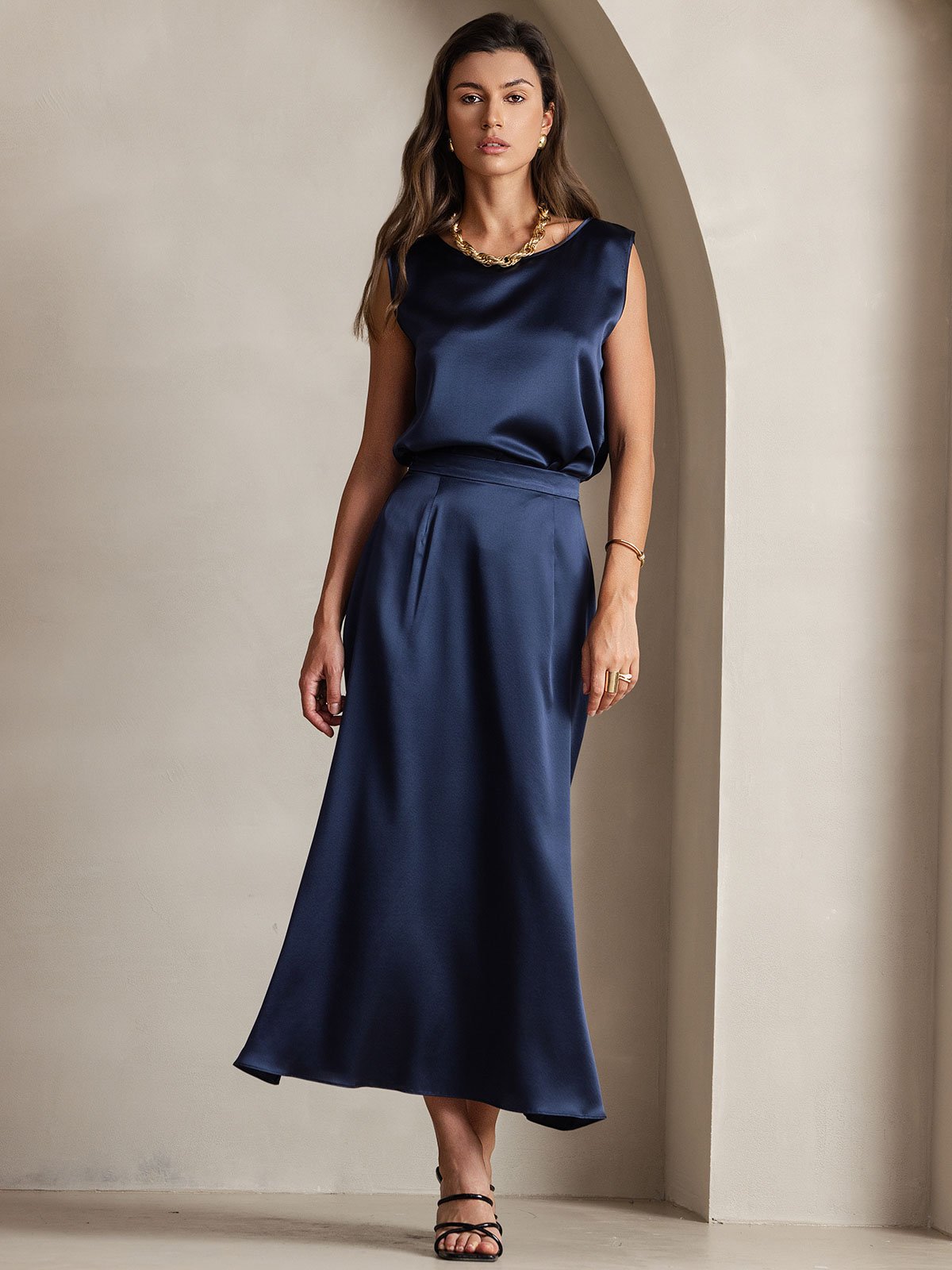 [Mörkblå] SilkSilky-SE 19Momme Silke Skirt 005