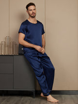 [Mörkblå] SilkSilky-SE Rent Silke Kort Ärm Round Neck Herr Pyjama 005