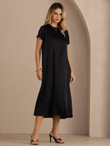 [Svart] SilkSilky-SE Short Sleeve Round Neck Klänning 005