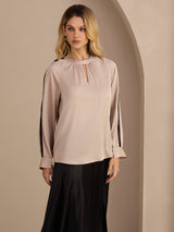 [Tan] SilkSilky-SE Long Sleeve Keyhole Neck Damblusar 004