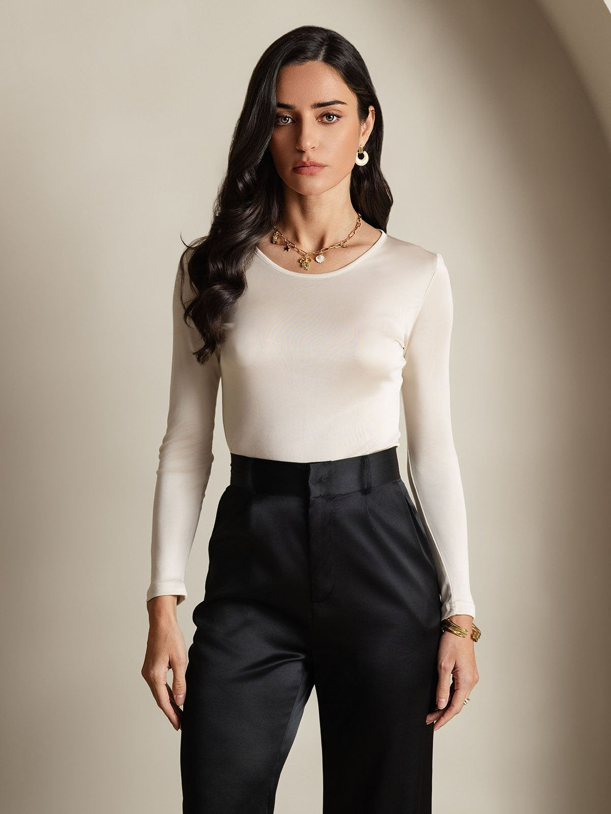 [Beige] SilkSilky-SE Lång Ärm Rund Halsringning Dam T-Shirt 001