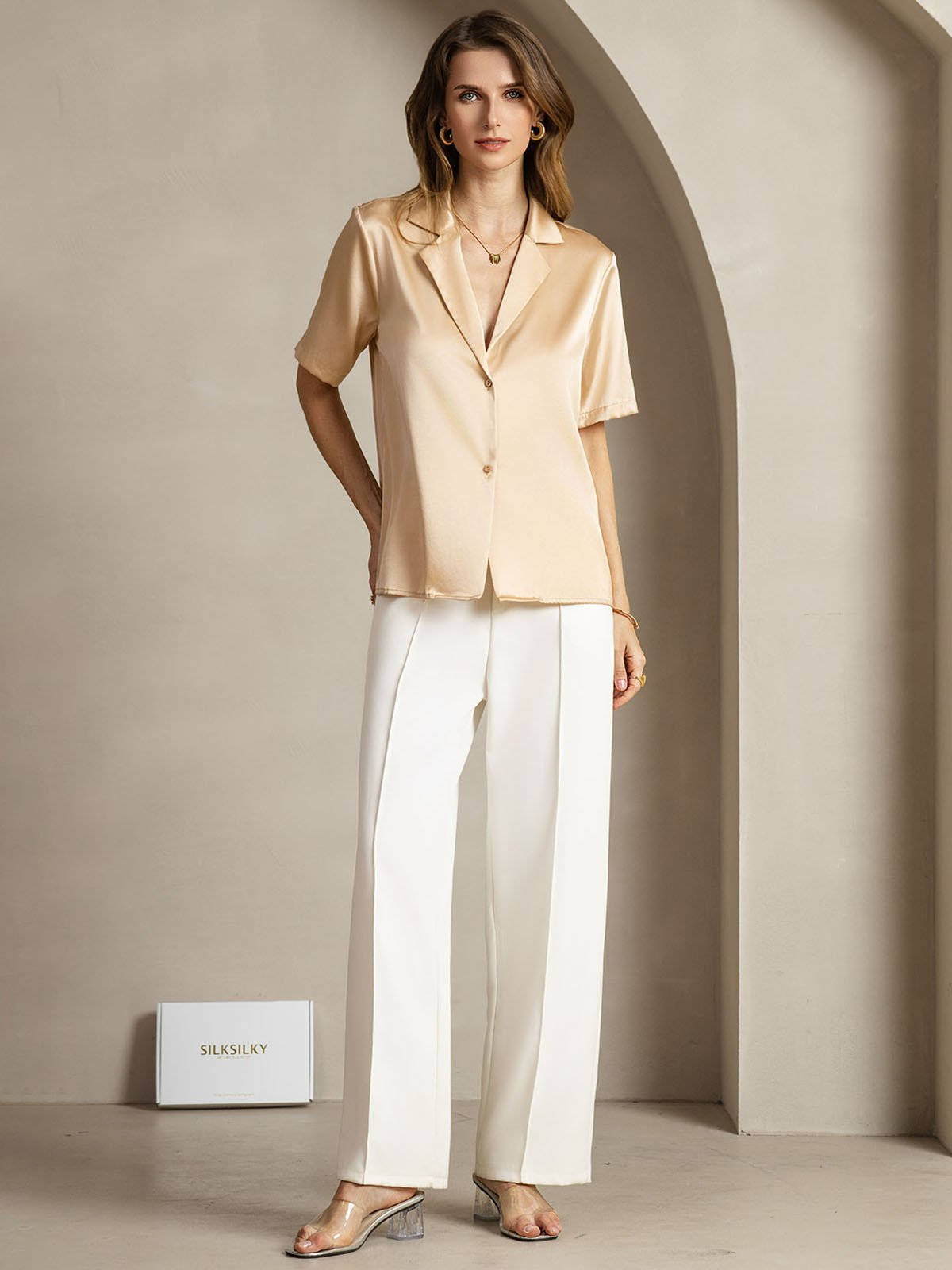 [Champagne] SilkSilky-SE 19Momme Silke Skårad Damskjorta 003