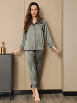 [Grågrön] SilkSilky-SE Rent Silke Lång Ärm Womens Pajamas 003