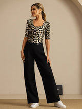 [Leopard] SilkSilky-SE Hårärm Djup Rund Halsringning Dam T-Shirt 008