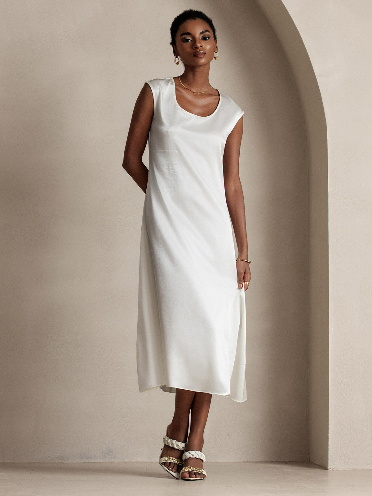 SilkSilky-SE 19Momme Silke Ärmlös Dress Vit 004