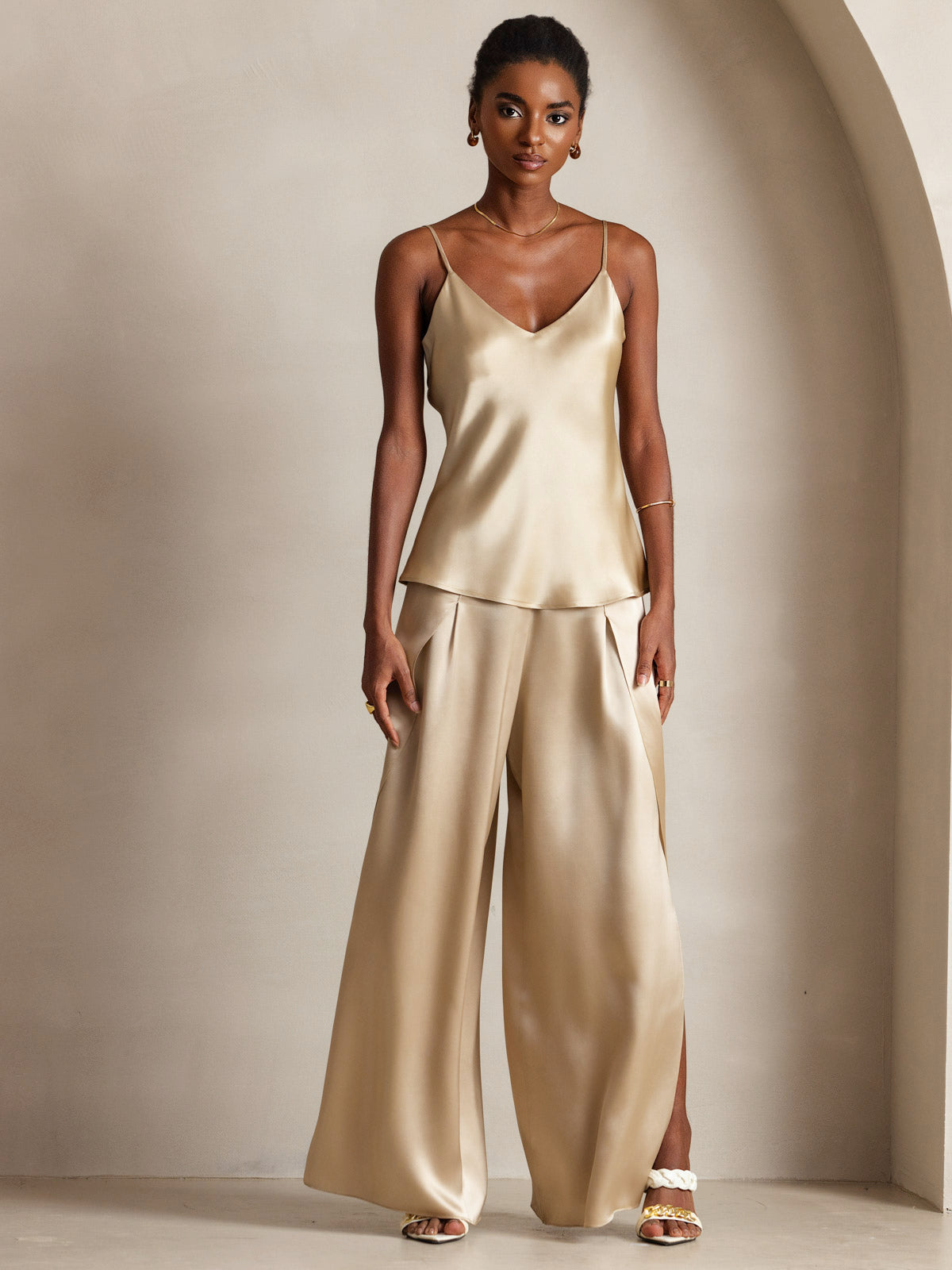 [Champagne] SilkSilky-SE Rent Silke V-Hals Cami Toppar 005