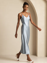 [Gråblå] SilkSilky-SE Spaghetti Strap V Neck Klänning 004