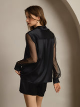 [Svart] SilkSilky-SE 19Momme Silke Krage Damskjorta 002,