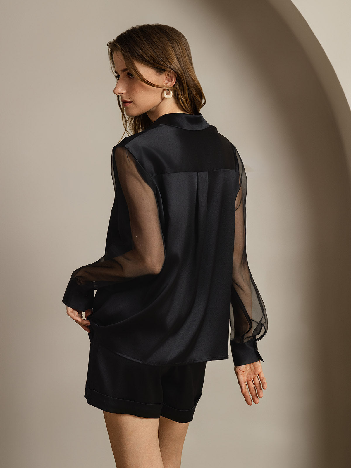 [Svart] SilkSilky-SE Long Sleeve Lapel Collar Damskjorta 002
