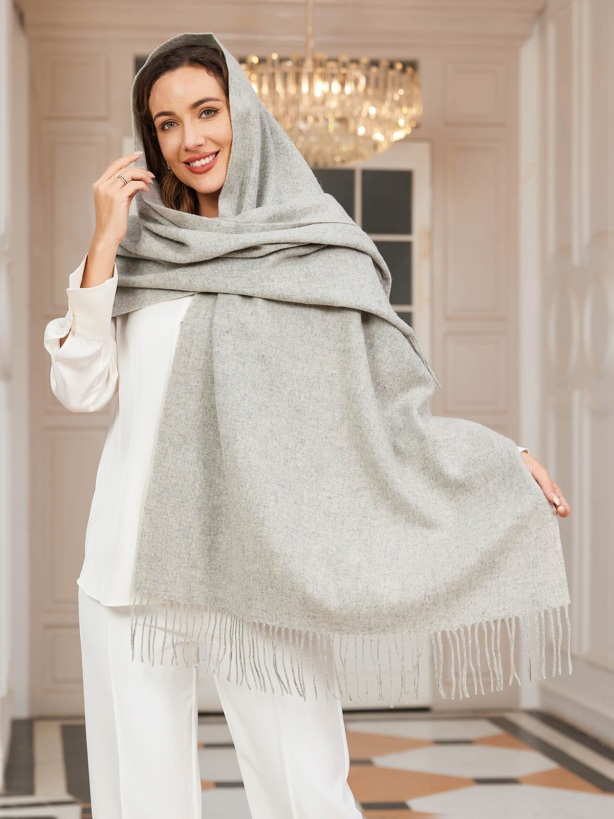 [Ljusgrå] SilkSilky-SE Ull Scarf 001