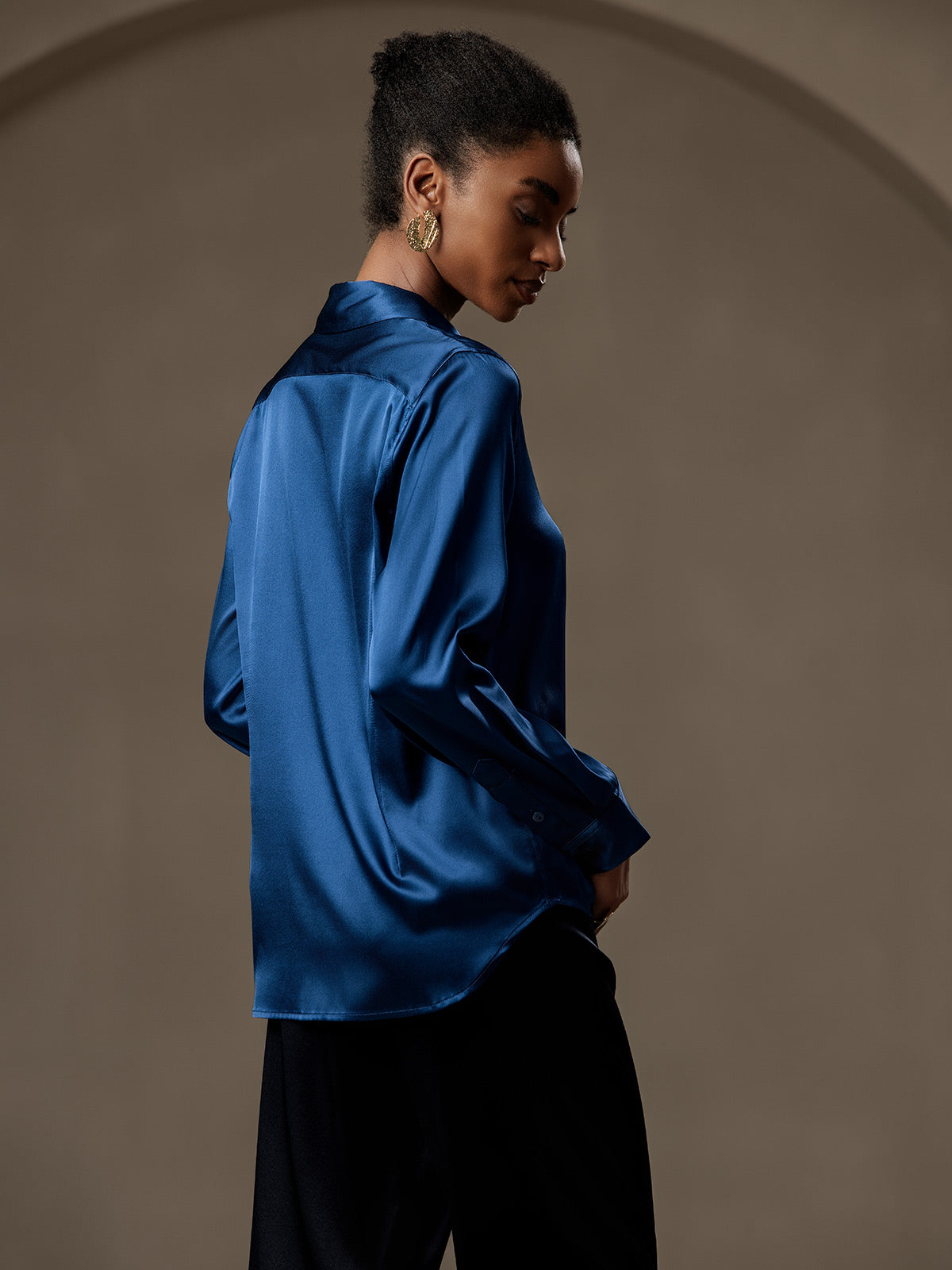 [Kungsblått] SilkSilky-SE Silke Lång Ärm Krage Damskjorta 002